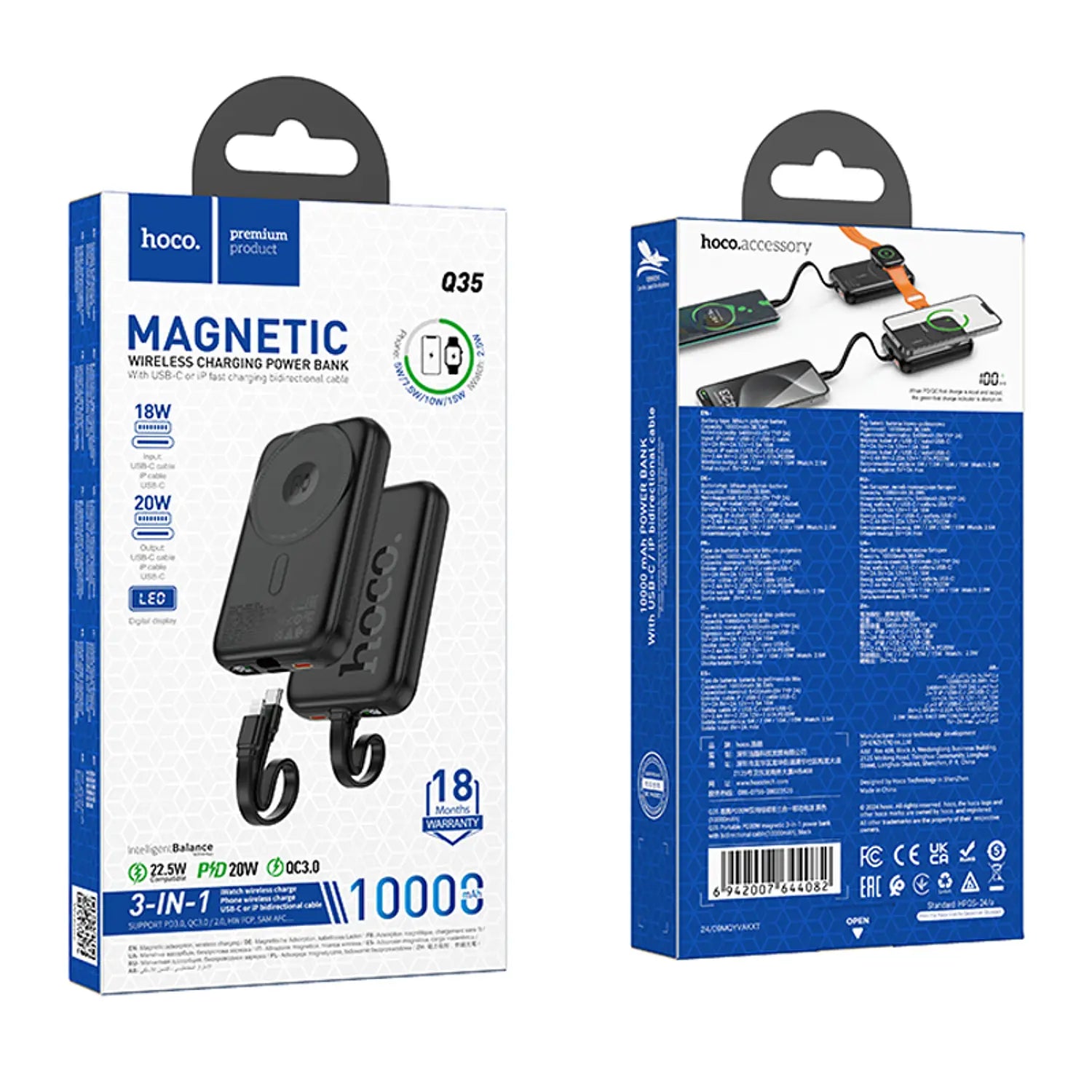 Powerbank Magnetico Hoco Q35 Portable PD20W Cable 10000mAh Negro